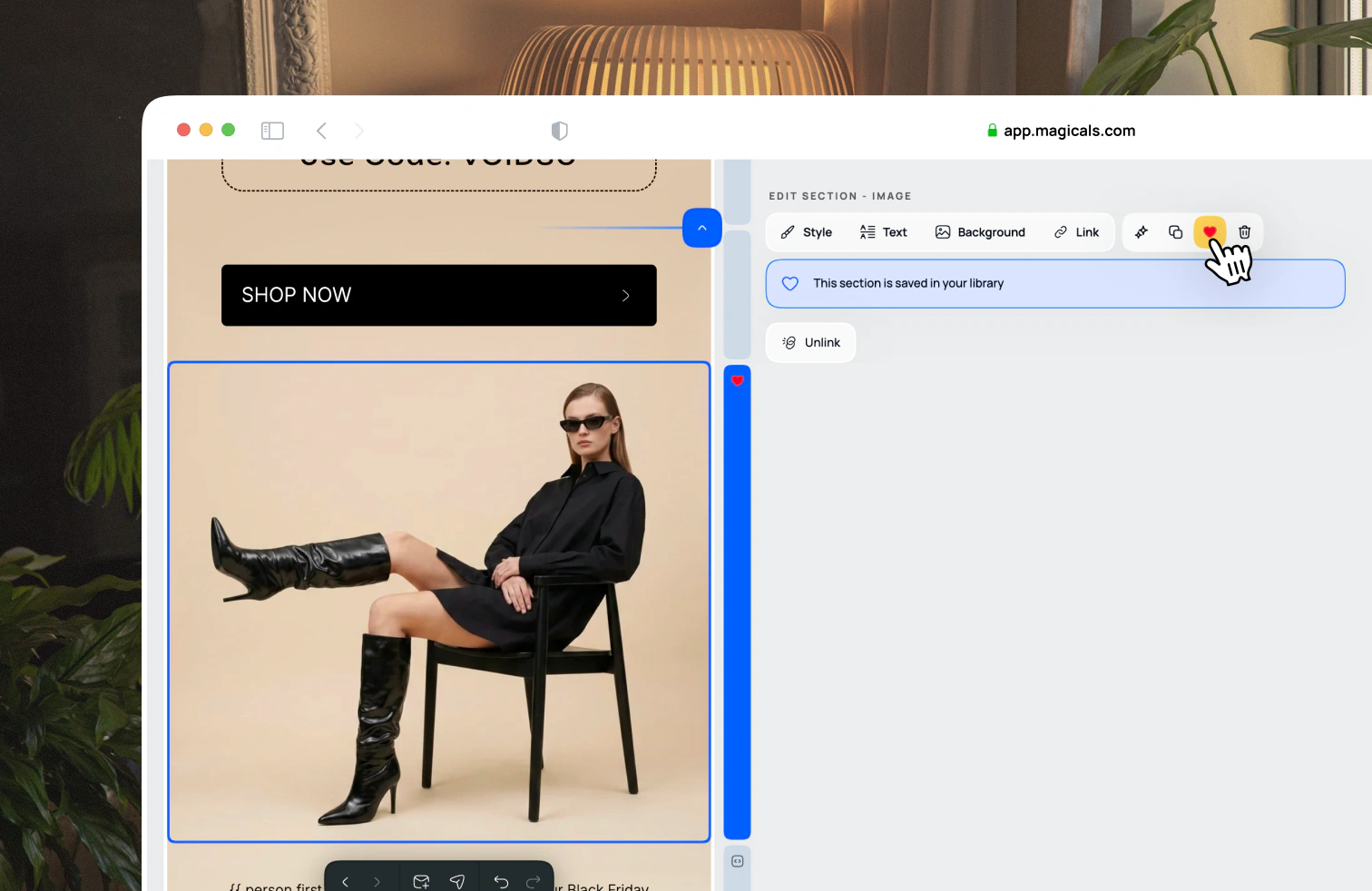 Screenshot of selecting sections in the side panel