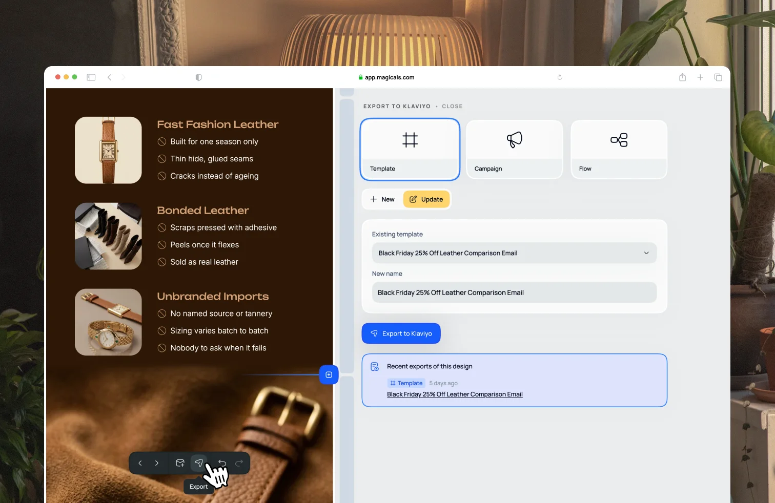 Screenshot of exporting to Klaviyo